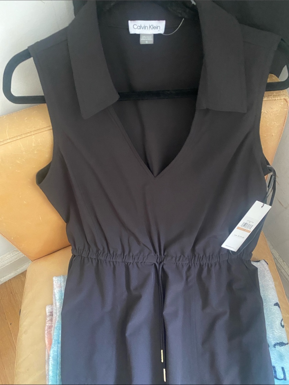 Calvin Klein Black Sleeveless V-Neck Midi Dress with Drawstring Waist - Picture 9 of 14